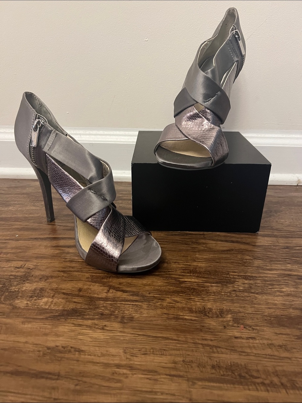 MICHAEL Michael Kors Pewter and Metallic Taupe Crisscross High Heel Sandals